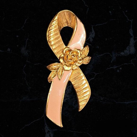 Avon Jewelry - Vintage Avon Gold Tone Pink Ribbon Rose Breast Cancer Awareness Brooch Pin